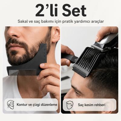 2 Parça Siyah Sakal Kontur Düzenleme C Model Ve Saç Kesim Rehberi Taraklı Bakım Seti