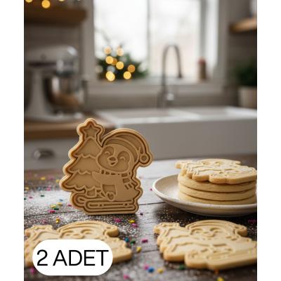 2Li Çam Ağaçlı Noel Pengueni Şekillendirici Kalıp Kurabiye Hamur Kesici Seti