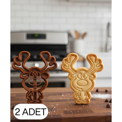 2Li Gülen Geyik Figürlü Kurabiye Kalıbı ve Hamur Kesici Şeker ve Oyun Hamuru İçin Tek Parça Kalıp