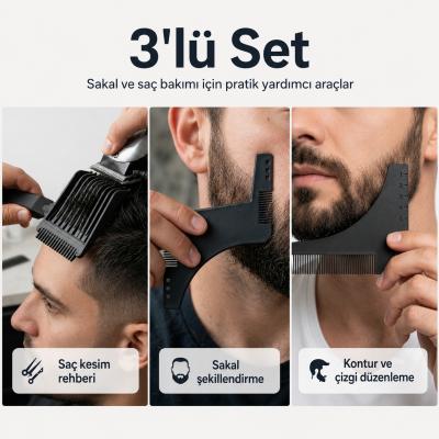 3 Parça Siyah Sakal Şekillendirme Z Ve C Model Saç Kesim Rehberi Taraklı Bakım Seti