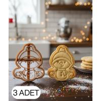 3Lü Mini Atkılı Kardan Adam Kurabiye Kalıbı Snowman Figürlü Çift Parça Şeker ve Oyun Hamuru Kesici 