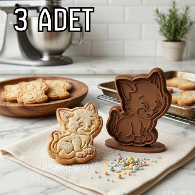 3Lü Sevimli Oturan Kedi Hamur Şekillendirici Kurabiye Oyun Hamuru Kalıbı 9 cm