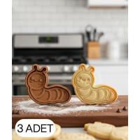 3Lü Sevimli Tırtıl Figürlü Kurabiye Kalıbı ve Hamur Kesici Şeker Oyun Hamuru İçin İki Parça Kalıp