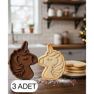 3Lü Sevimli Unicorn Kurabiye Kalıbı Tek Boynuzlu At Figürlü Çift Parça Şeker ve Oyun Hamuru Kesici 