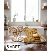 5Li Sevimli Geyik Kurabiye Kalıbı Yılbaşı Temalı Çift Parça Hamur Kesici Şeker ve Oyun Hamuru İçin