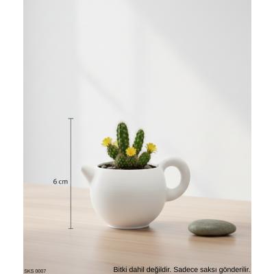 Beyaz Çaydanlık Seklinde Mini Dekoratif Saksı 6 Cm Masa Üstü Ofis Dekoru