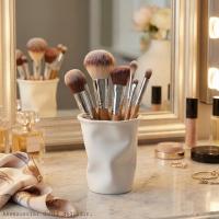 Beyaz Modern Yamuk Formlu Bardak Makyaj Fırçalığı Masaüstü Kozmetik Düzenleyici