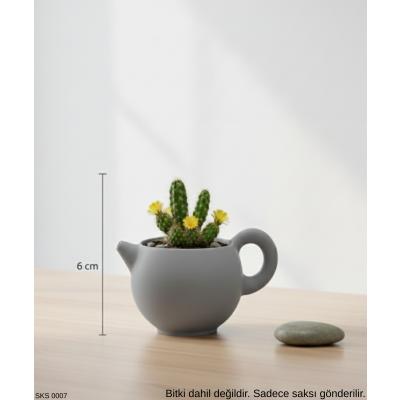 Gri Çaydanlık Seklinde Mini Dekoratif Saksı 6 Cm Masa Ustu Ofis Dekoru