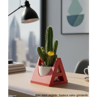 Kırmızı A Harf Şeklinde Mini Saksı İsmine Özel Baş Harf Tasarım 7,5 Cm Masa Üstü Ofis Dekoru