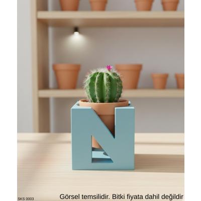 Mavi Harf Şeklinde Mini Dekoratif Saksı Kişiye Özel Bas Harf Tasarım Masa Üstü Ofis Dekoru