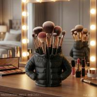 Siyah Şişme Mont Puf Formlu Büyük Boy Makyaj Fırçalığı Masaüstü Kozmetik Düzenleyici