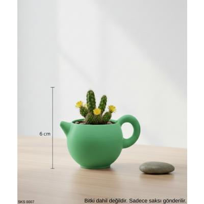 Yeşil Çaydanlık Şeklinde Mini Dekoratif Saksı 6 Cm Masa Üstü Ofis Dekoru
