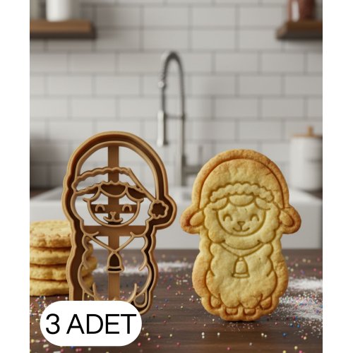 3Lü Çanlı Noel Kuzusu Kurabiye Kalıbı Şapkalı Kuzu Figürlü Çift Parça Şeker Oyun Hamuru Kesici 