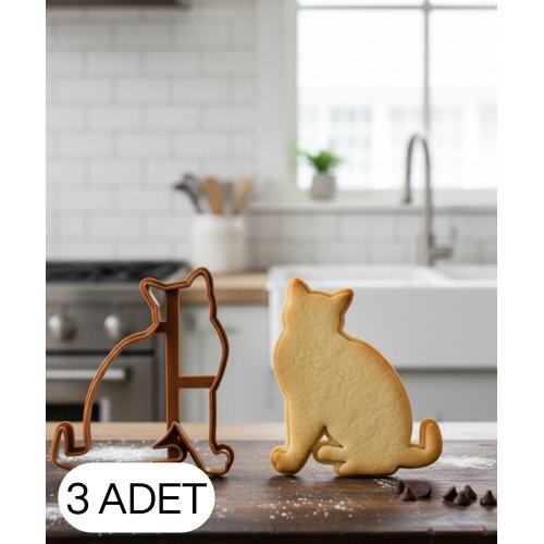 3Lü Kedi Figürlü Midi Boy Kurabiye Kalıbı Hamur Kesici Şeker ve Oyun Hamuru İçin Tek  Parça