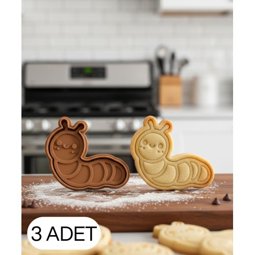 3Lü Sevimli Tırtıl Figürlü Kurabiye Kalıbı ve Hamur Kesici Şeker Oyun Hamuru İçin İki Parça Kalıp