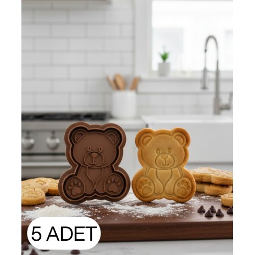 5Li Sevimli Yavru Ayı Figürlü Kurabiye Kalıbı ve Hamur Kesici Şeker Oyun Hamuru İçin İki Parça 