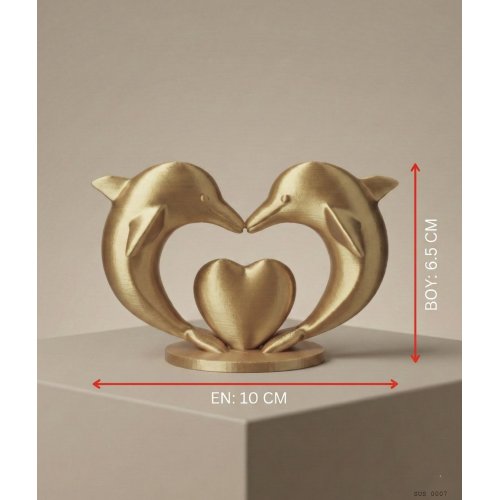 Altın Renk Çift Yunus Kalp Dekor Biblo