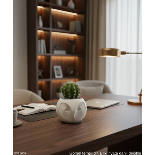 Beyaz Baykuş Figürlü Mini Dekoratif Saksı 6 Cm Masaüstü Ofis Dekoru