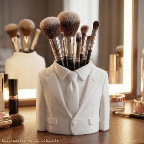 Beyaz Ceket Formlu Kravatlı Makyaj Fırçalığı Masaüstü Kozmetik Düzenleyici
