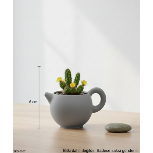 Gri Çaydanlık Seklinde Mini Dekoratif Saksı 6 Cm Masa Ustu Ofis Dekoru