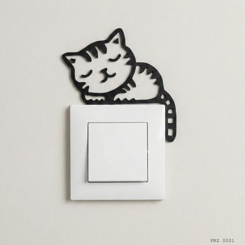 Uyuyan Kedi Figürlü Anahtar Priz Dekoru Siyah Beyaz 