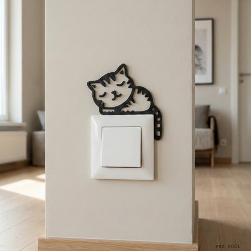 Uyuyan Kedi Figürlü Anahtar Priz Dekoru Siyah Beyaz 