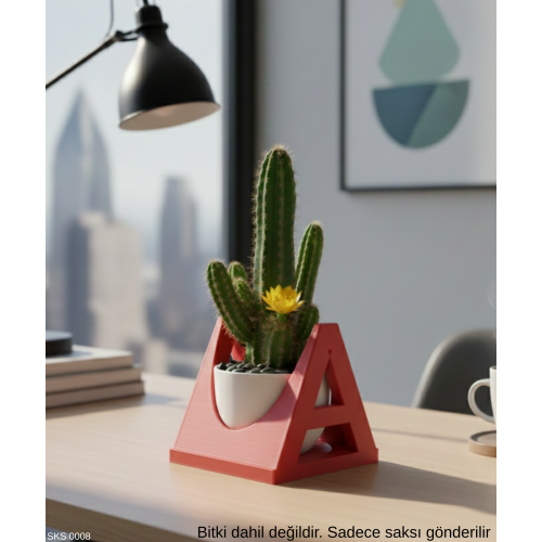 Kırmızı A Harf Şeklinde Mini Saksı İsmine Özel Baş Harf Tasarım 7,5 Cm Masa Üstü Ofis Dekoru