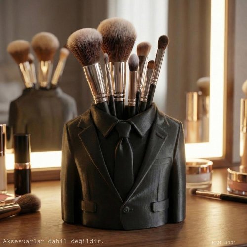 Siyah Ceket Formlu Kravatlı Makyaj Fırçalığı Masaüstü Kozmetik Düzenleyici