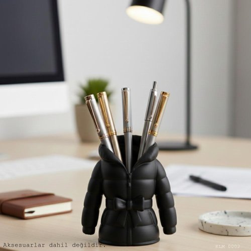 Siyah Kapüşonlu Fiyonklu Bayan Mont Formlu  Kalemlik Masaüstü Plastik Düzenleyici