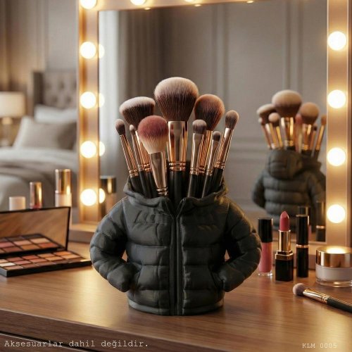 Siyah Şişme Mont Puf Formlu Büyük Boy Makyaj Fırçalığı Masaüstü Kozmetik Düzenleyici