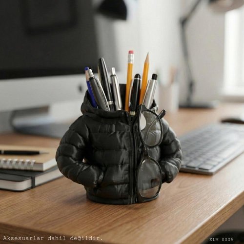 Siyah Şişme Mont Puf Formlu Büyük Boy Kalemlik Masaüstü Plastik Düzenleyici 