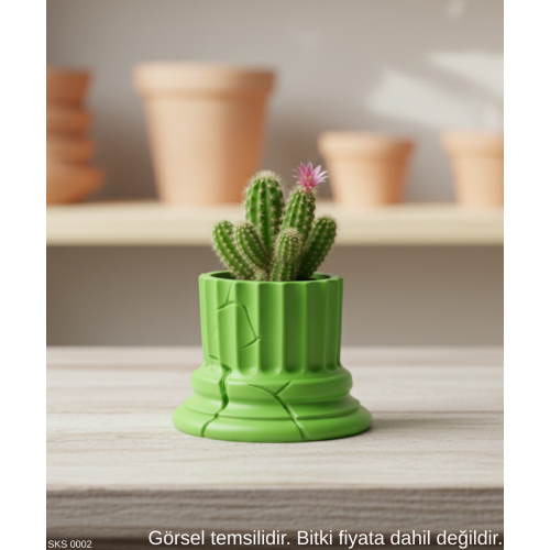 Yeşil Klasik Sütun Form Mini Dekoratif Saksı 7 Cm Masa Ustu Ofis Dekoru